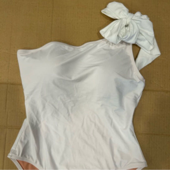 J. Crew Bow Tie One Shoulder One Piece Swimsuit, White, Vacation, Sz 14, NWT - Picture 2 of 12